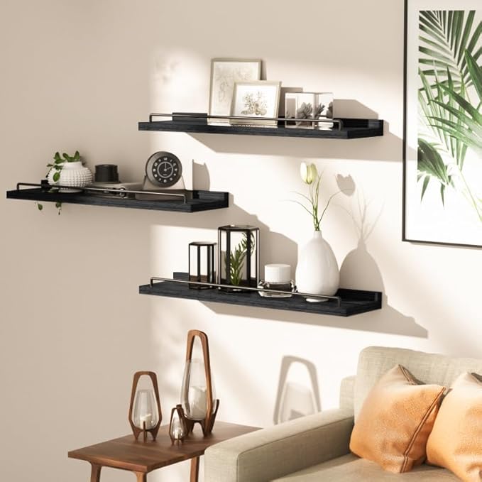 22 inches Long Floating Shelves, Bathroom Decor Shelves Over Toilet, Farmhouse Wall Shelves for Living Room, Bedroom, Picture Frames, Plants, Kitchen, Set of 3 (Black)
