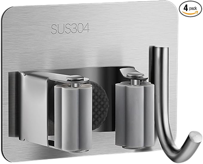 Mop and Broom Holder Wall Mount,Broom Holder Wall Mount,4 Pack Stainless Steel Broom Holders,with Strong Grip, Nail-Free Glue Installation,for Bathroom, Laundry,Office