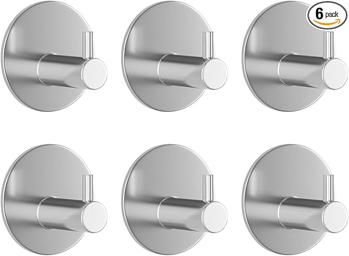 Miliocry 6 Packs Bathroom Towel Hooks, Adhesive Hooks Heavy Duty Wall Hook, Waterproof Stainless Steel Towel Hanger Robe Hat Coat Holder, Wall Mount Hooks for Bathroom,Bedroom,Kitchen(Silver-Round)