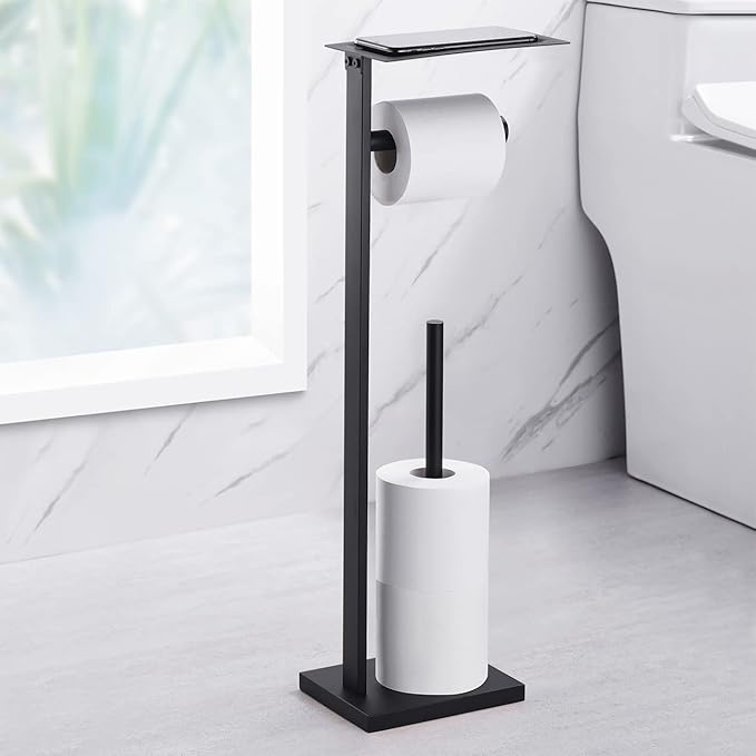 Miyili Matte Black Freestanding Toilet Paper Holder with Shelf, Paper Towel Dispenser Storage Organizer for Bathroom Square Style, F04B2
