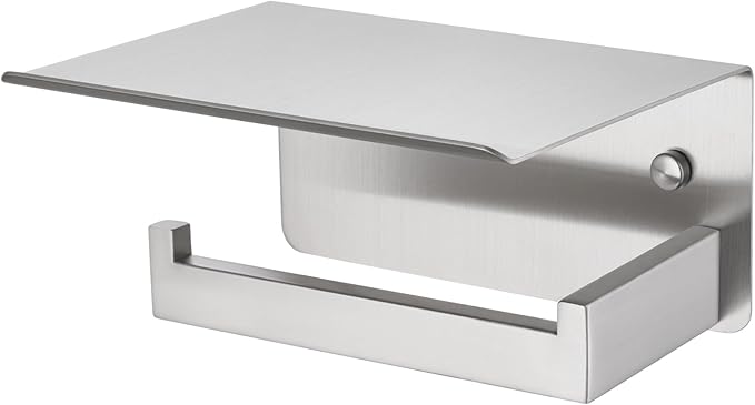 APLusee Brushed Nickel Toilet Paper Holder with Shelf, Left Side 304 Stainless Steel Tissue Roll Hanger, Wall Mounted