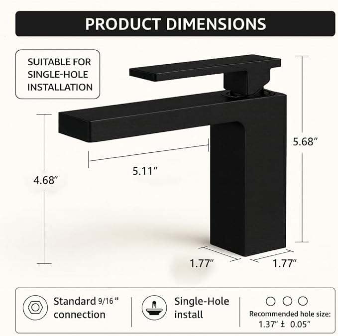 Single Hole Bathroom Faucet， Matte Black Brass Sink Faucet for Bathroom Vanity, CUPC Hose, Pop-Up Drain & Anti-Splash Bubbler，Easy-Install for Farmhouse, RV & Vanity