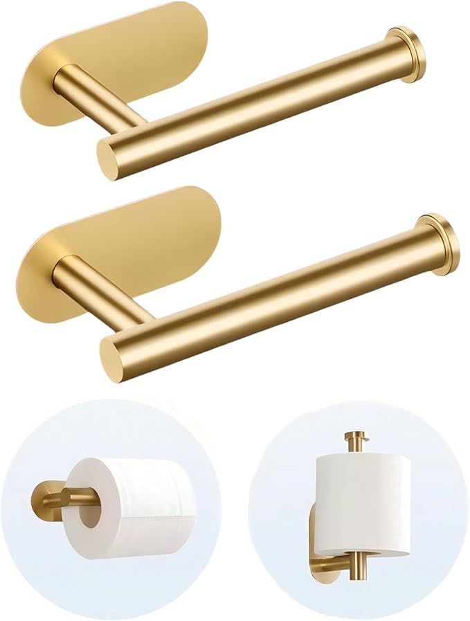 2 Packs Toilet Paper Holder No-Drill Self-Adhesive Towel Rack Stainless Steel Waterproof Rustproof Roll Paper Holder for Bathroom Washroom RVs (Gold)