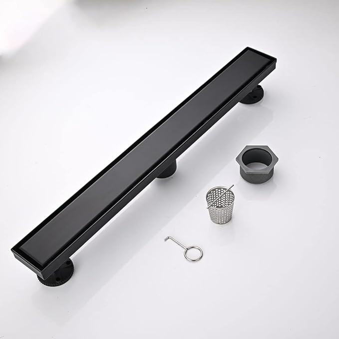 Linear Shower Floor Drain, Black 60 Inch 304 Stainless Steel Bathroom Drains Kit, Rectangular Shower Trench Drain with Reversable Tile-in Pattern Drain Cover & Hair Catcher