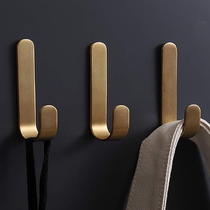 Bathroom Towel Hook, Shower Kitchen Wall Hanging Hooks, No Drill,Brass, Adhesive Hooks, 2-Pack