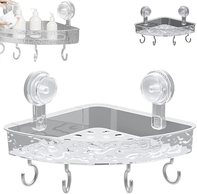 Corrugated Suction Cup Storage Holder, 2025 New Movable Shower Shelf Suction Cup, Corner Shower Caddy Large Organizer Bathroom Shelf No-Drill Wall-Mounted Storage (CLEAR)