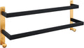 24 Inch Double Towel Bar with Hooks Black & Gold, Wall Mounted Towel Holder for Kitchen Bathroom, Stainless Steel Towel Rack