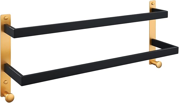 24 Inch Double Towel Bar with Hooks Black & Gold, Wall Mounted Towel Holder for Kitchen Bathroom, Stainless Steel Towel Rack