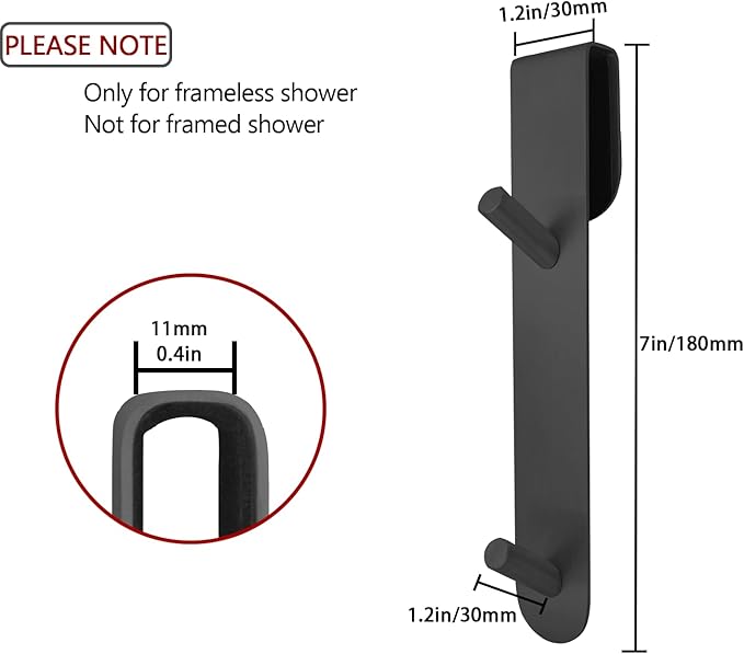 Shower Door Hook, Extended Length Frameless Shower Door Hook (7 Inch), Heavy-Duty Bathrobe Towel Stainless Steel Hook, No Drilling or Adhesive Required, 2-Pack, Black