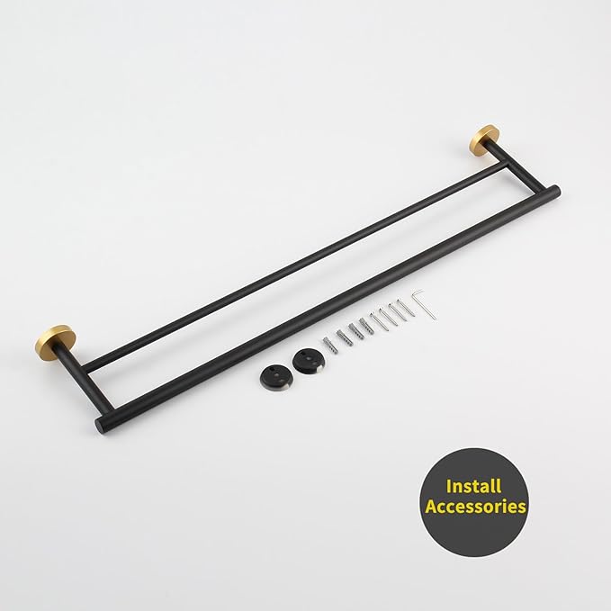 GERZWY Bath Double Towel Bar 30-Inch Stainless Steel Bathroom Towel Rail Wall Mounted Hand Towel Holder Black & Gold