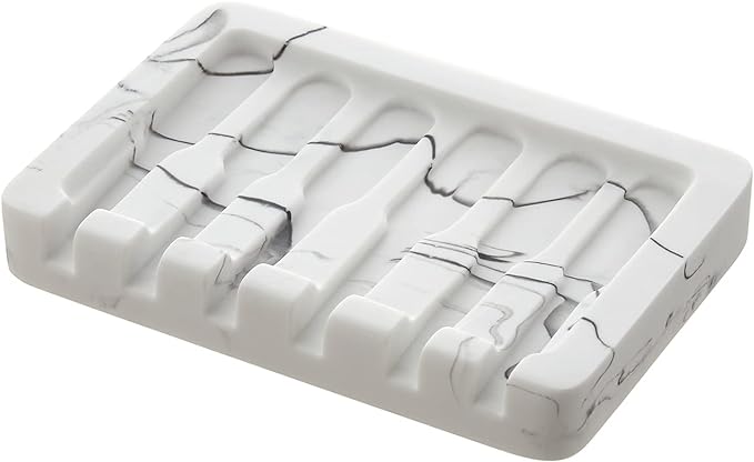 Self Draining Soap Dish - Marble Look Soap Holder Tray Savers Box Container Sponge Holder for Bathroom Shower Kitchen, White