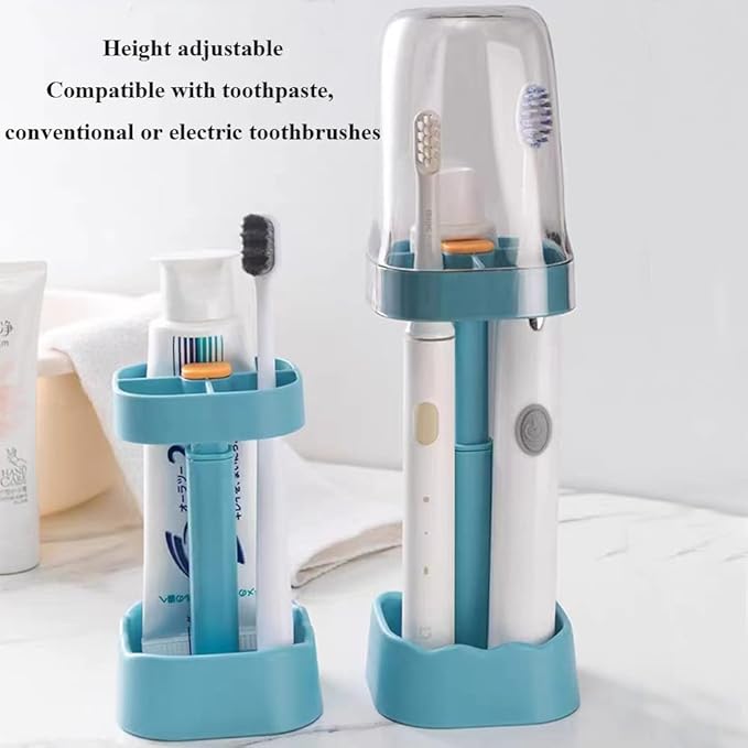 Toothbrush Holder with Cup Cover Contains 3 Slots, Compatible with Electric Toothbrushes and Conventional Toothbrushes, Can Store Toothpaste (Blue)