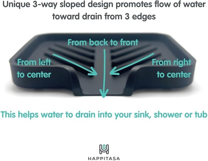 Happitasa Silicone Soap Dish Tray and Sponge Holder with Drain Chute and Feet | 3-Way Sloped Design | Bathroom and Kitchen Sink Organizer Caddy (White, 5"x4")