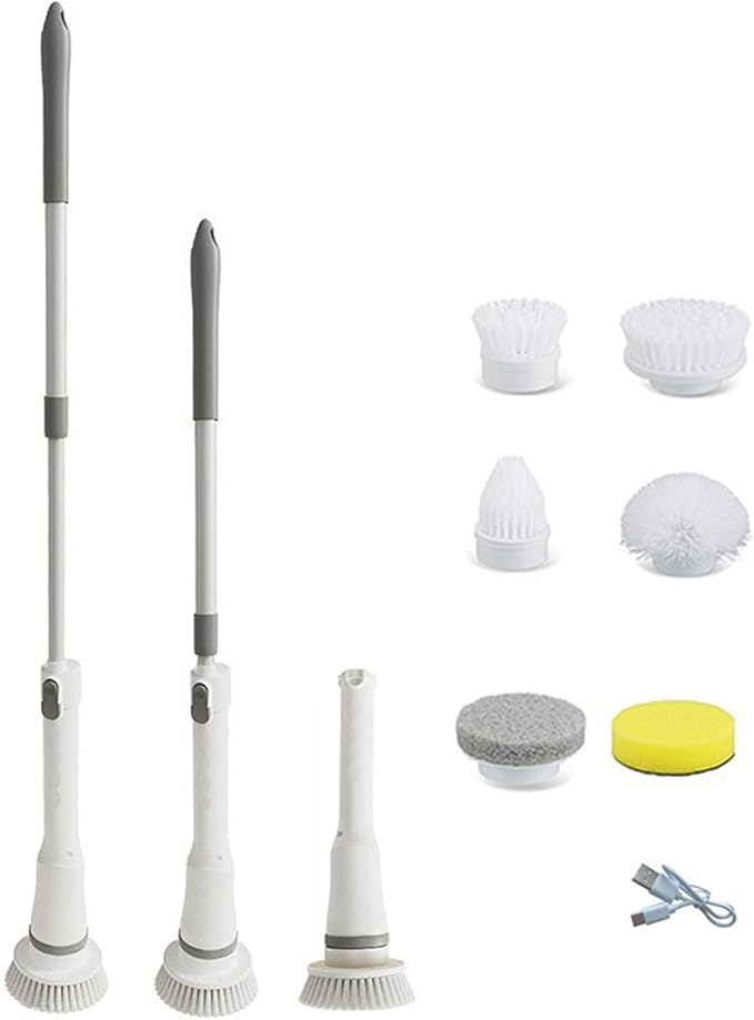 Electric Scrubber Rechargeable Cleaning Brush with 6 Replaceable Heads Cordless Adjustable Handle Bathroom Scrubber Cordless Scrubbers for Household Cleaning