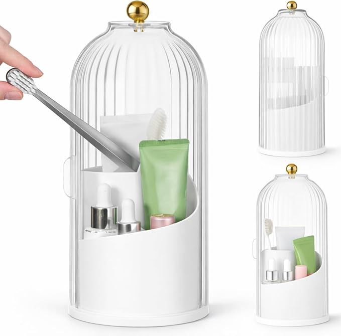 Covered Toothbrush Holder, Rotating Toothbrush Holder 3 Slots Sliding Lid Toothbrushes Organizer Dustproof Tooth Brush Holders with Cover for Organizing and Storing Bathroom Countertops-White