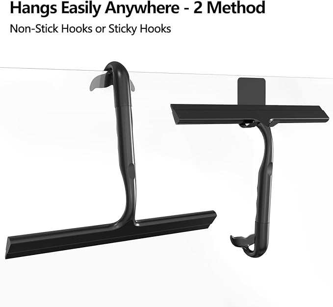 Shower Squeegee for Glass Doors, 2-in-1 Silicone Shower Squeegee with Hook,Hang Anywhere | Streak-Free Bathroom Squeegee | Household Window Mirror Squeegee for Bathroom, Glass, Tile Wall, Car(Black)
