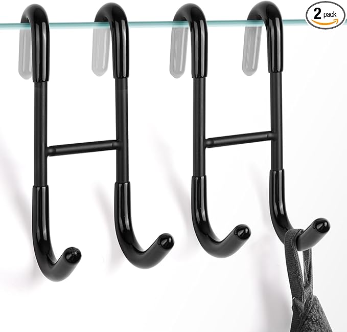 NINETREX Shower Door Hooks,Over Glass Door Hooks for Bathrooms Frameless Glass,Heavy Duty SUS 304 Stainless Steel Hook for Towels,Squeegee,Loofah,Shaver,Robe,2 Pack,Black