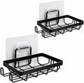 Shower Soap Holder Wall Mounted 2 Pc, Bathroom Soap Holders with 4 Hooks, Razor Holder for Shower Wall, Jaboneras Para Baños Modernos for Storage of Shampoo Bar, Conditioner, Razor, No Drilling, Black