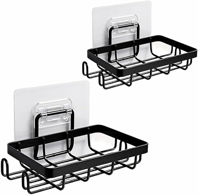 Shower Soap Holder Wall Mounted 2 Pc, Bathroom Soap Holders with 4 Hooks, Razor Holder for Shower Wall, Jaboneras Para Baños Modernos for Storage of Shampoo Bar, Conditioner, Razor, No Drilling, Black