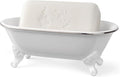 6.5" Ceramic Mini Decorative Clawfoot Bathtub Bar Soap Dish, Kitchen Sponge Holder and Shower Tray for Bathroom, 1 Pack (White Silver Rim)