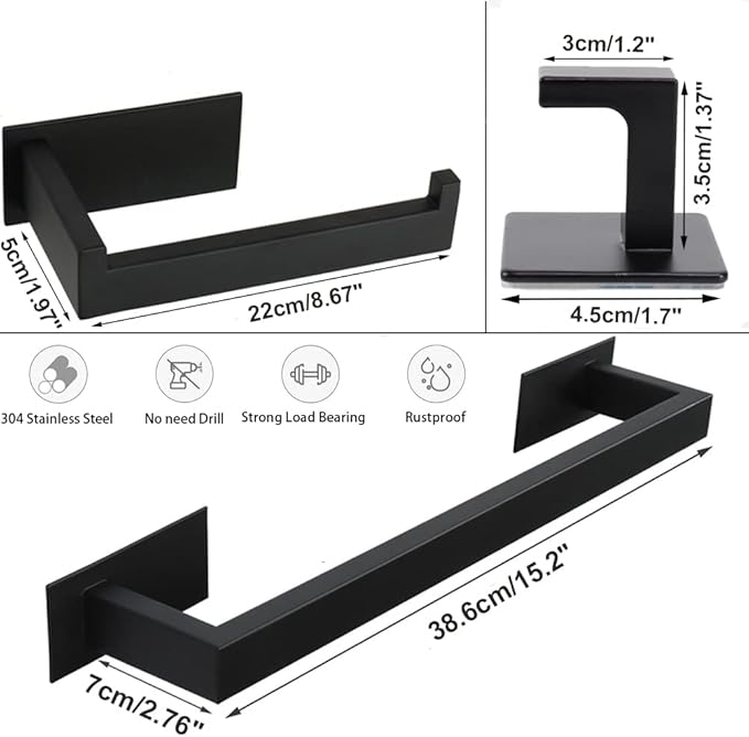 5 Pieces Self Adhesive Bathroom Hardware Set-SUS304 Stainless Steel-Towel Rack Set Include 16″Towel Bar+Toilet Paper Holder+3 Towel/Robe Hooks Bathroom Accessory (Matte Black, 16 in)
