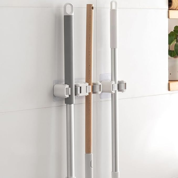 Broom Holder Wall Mount Mop and Command Broom Hanger Organizer Wall Mount Self Adhesive (Single clip+double clip)