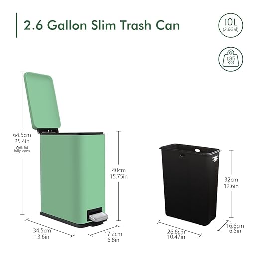 Bathroom Trash Can, 2.6 Gallon Small Trash Can with Lid and Step Pedal, Stainless Steel Wastebasket with Slim Design, Mini Garbage Can for Bathroom, Toilet, Office, Bedroom, Green