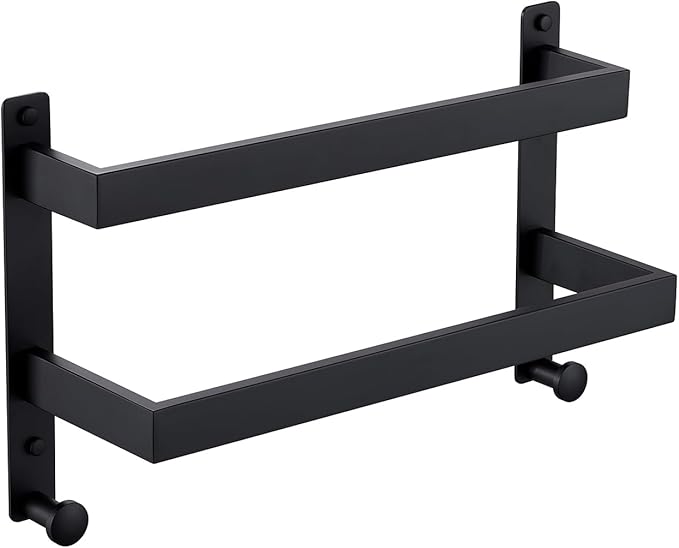 16 Inch Double Towel Bar with Hooks Matte Black, Stainless Steel Bath Shower Towel Rack Wall Mounted Towel Rod Holder for Bathroom