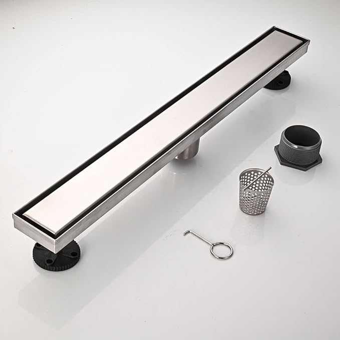 Linear Shower Floor Drain, 24 Inch Brushed Nickel 304 Stainless Steel Bathroom Drains Kit, Rectangular Shower Trench Drain with Reversable Tile-in Pattern Drain Cover & Hair Catcher