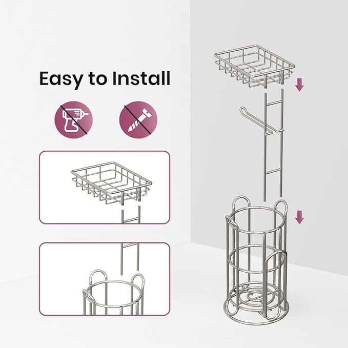 Mega Roll Toilet Paper Holder Stainless Steel Bathroom Tissue Holder Stand TP Dispenser with Phone/Wipe Shelf & Magazine Rack Free Standing-Chrome