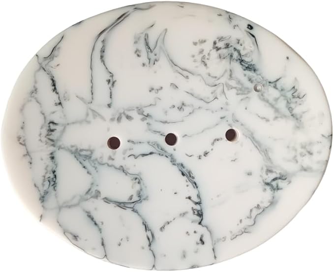 Ajuny Marble Resin Soap Dish Self Draining Oval Bar Soap Holder White & Black Countertop Tray Soap Saver for Bathroom Shower Kitchen Sink & Bathtub Easy to Clean