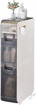 Plastic Bathroom Storage Cabinet Narrow Slim Gap Floor Organizer Side Unit Rolling Waterproof Toilet Paper Holder with Drawers and Handle for Small Kitchen Laundry