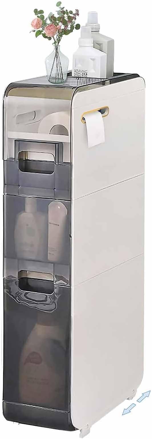 Plastic Bathroom Storage Cabinet Narrow Slim Gap Floor Organizer Side Unit Rolling Waterproof Toilet Paper Holder with Drawers and Handle for Small Kitchen Laundry
