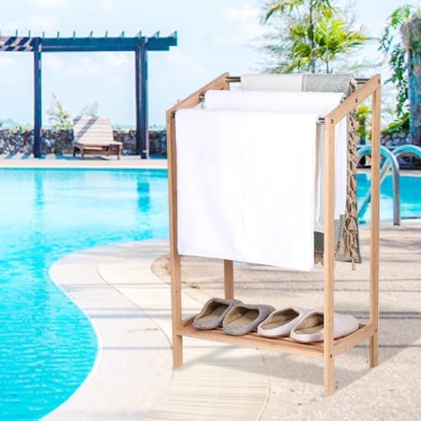 HYNAWIN Free-Standing Towel Rack,3 Tiers Bathroom Towel Drying Rack with Bottom Shelf,Wooden Blanket Holder, Bamboo Multi-Use Organizer for Towels, Blankets, and Slippers