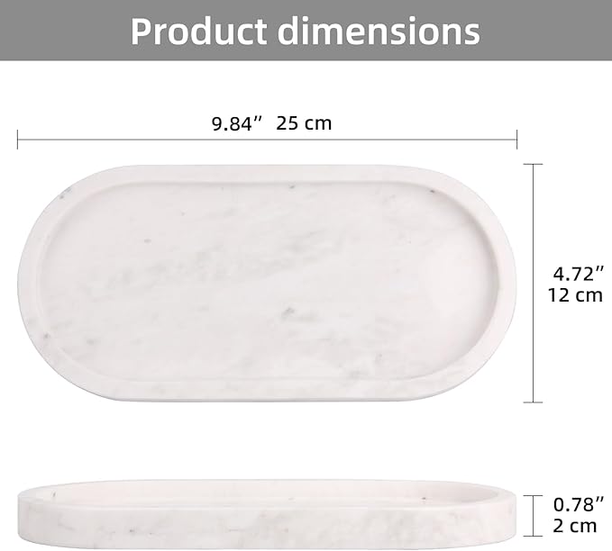 Oval Marble Bathroom Vanity Tray, Natural Luxury Marble Home Kitchen Bathroom Table Tray, Stone Decorative Countertop Serving Trays for Coffee Perfume Jewelry Makeup (White, 10 * 5 * 0.6)