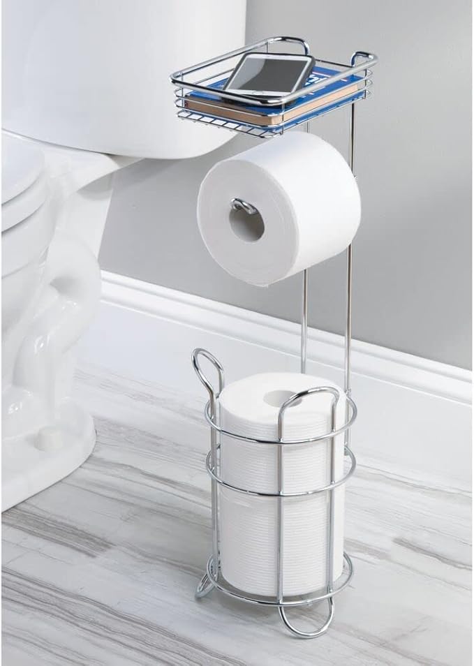 mDesign Steel Toilet Paper Holder with Storage Shelf - Concerto Collection - Chrome - Holds 3 Rolls
