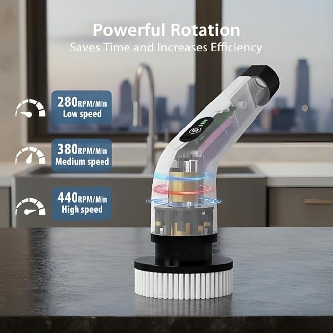 Electric Spin Scrubber for Cleaning with 9 Replaceable Brush Heads,Cordless Bathroom Cleaning Brush with 3 Speeds,IPX7 Waterproof,Adjustable Handle for Shower,Bathtub,carpet,Tile,Floor & Kitchen,White