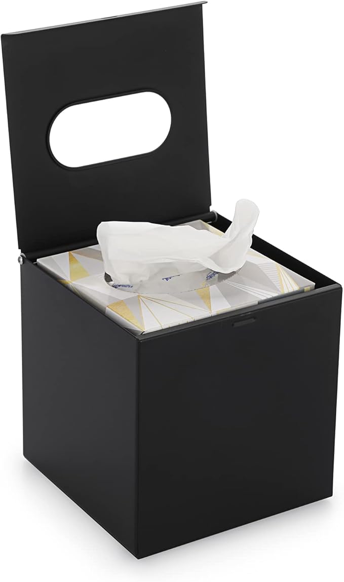Sumnacon Square Tissue Box Cover - Stylish Cube Stainless Steel Tissue Box Holder, Modern Metal Facial Tissue Holder for Dresser Table Night Stand Bathroom Vanity Home Office Bar Wall Decor, Black