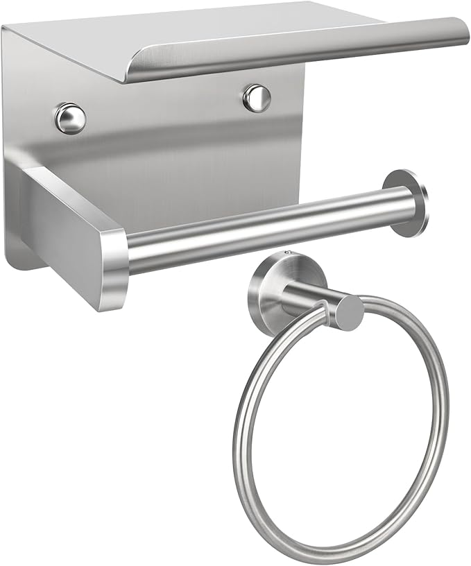 1pcs Toilet Paper Holder with Shelf and 1pcs Towel Ring Set, Brushed Nickel Stainless Steel Bathroom Hardware Set