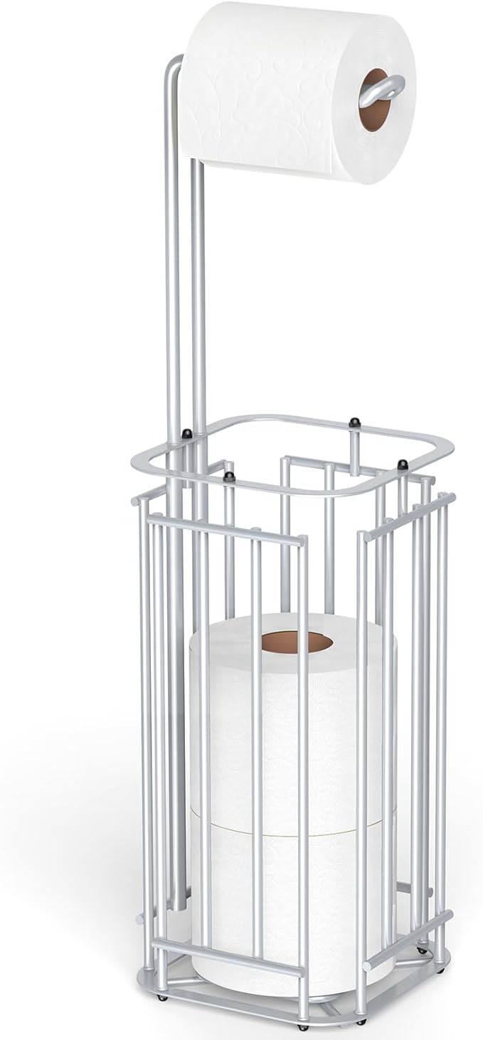 Meangood Toilet Paper Holder Stand, Square Tissue Paper Roll Dispenser for 4 Mega Rolls, Bathroom Free Standing Tissue Roll Storage Holder Rack (Silver)