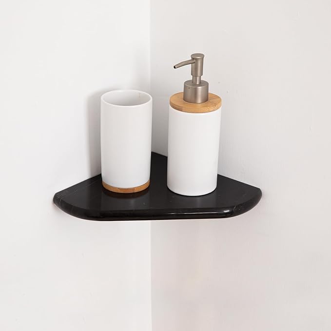 Black Marble Corner Shower Shelf, 8 Inch Carrara White Marble Corner Shelf for Bathroom Shower Decor, Wall Mounted, Polished, 1 Pcs