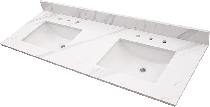 MSI Calacatta Lumas Vanity Top with Under Mount Rectangle Double Bowl Ceramic Sinks, Engineered Marble Stone, 4" CC Faucet Holes, 61"X22"