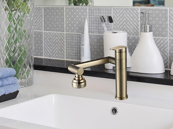 Bathroom Faucet Champagne Gold 1080 Degree Swivel Lavatory Basin Sink Faucet 1 Handle Big Angle Spray Aerator Spout Extender Universal Rotating Splash Filter 2 Water Outlet Modes