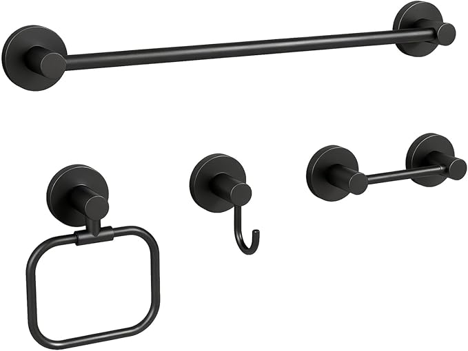 YUMORE 4-Piece Bathroom Set with Privot Toilet Paper Holder | All-in-One Wall Mounted Hardware Combo, Matte Black