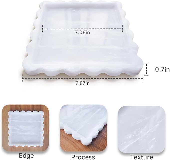Luxurious White Marble Decorative Tray with Scalloped Edge, Elegant Serving and Vanity Organizer for Bathroom, Kitchen, Bar Display 7.8" L*7.8" W*0.7" H