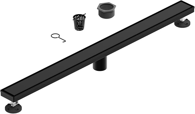 36-Inch Linear Shower Floor Drain, Stainless Steel Bathroom Floor Drains, Rectangular Shower Trench Floor Drain, Hair Strainer, Matte Black