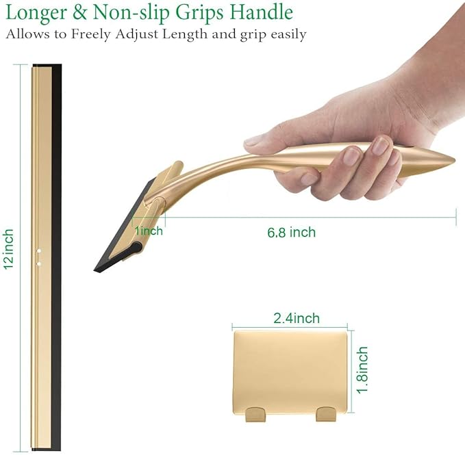 OPERNEE Shower Squeegee with Self Adhesive Hook, 12 Inches Stainless Steel Squeegee Cleaner, All-Purpose Window Scraper for Bathroom Doors, Mirror, Windows and Car Glass, Brushed Gold