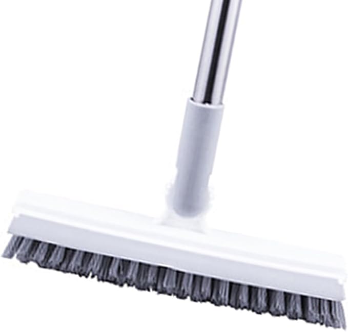 2 in 1 Floor Brush Scrubber with Long Handle Rotating Grout Brush Scrape V Shape Scrub Brush with Squeegee Deck Scrubber Brush for Deck Bathroom Kitchen (White)