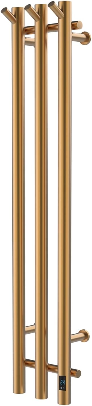 Electric Heated Towel Rack with Timer, Wall-Mounted Towel Warmer, 3 Vertical Bars, Silver, Plug-in or Hardwired, 37.4 Inch Height, Round Design (Gold)