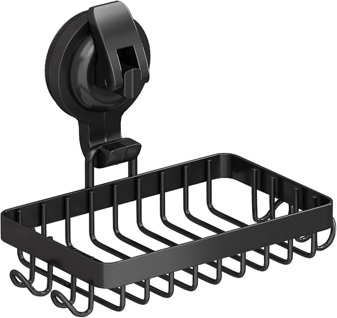 Soap Holder Shower, Suction Cup Soap Dish for Shower with 4 Hooks, 304 Stainless Steel, Black